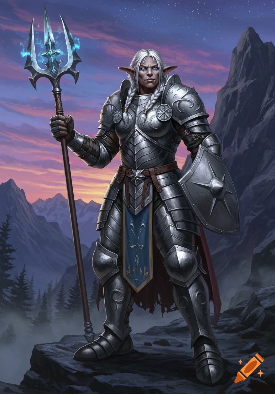 A female D&D paladin, an elf with white hair, in full silver armor holding a glowing trident and shield against a mountainous twilight sky.