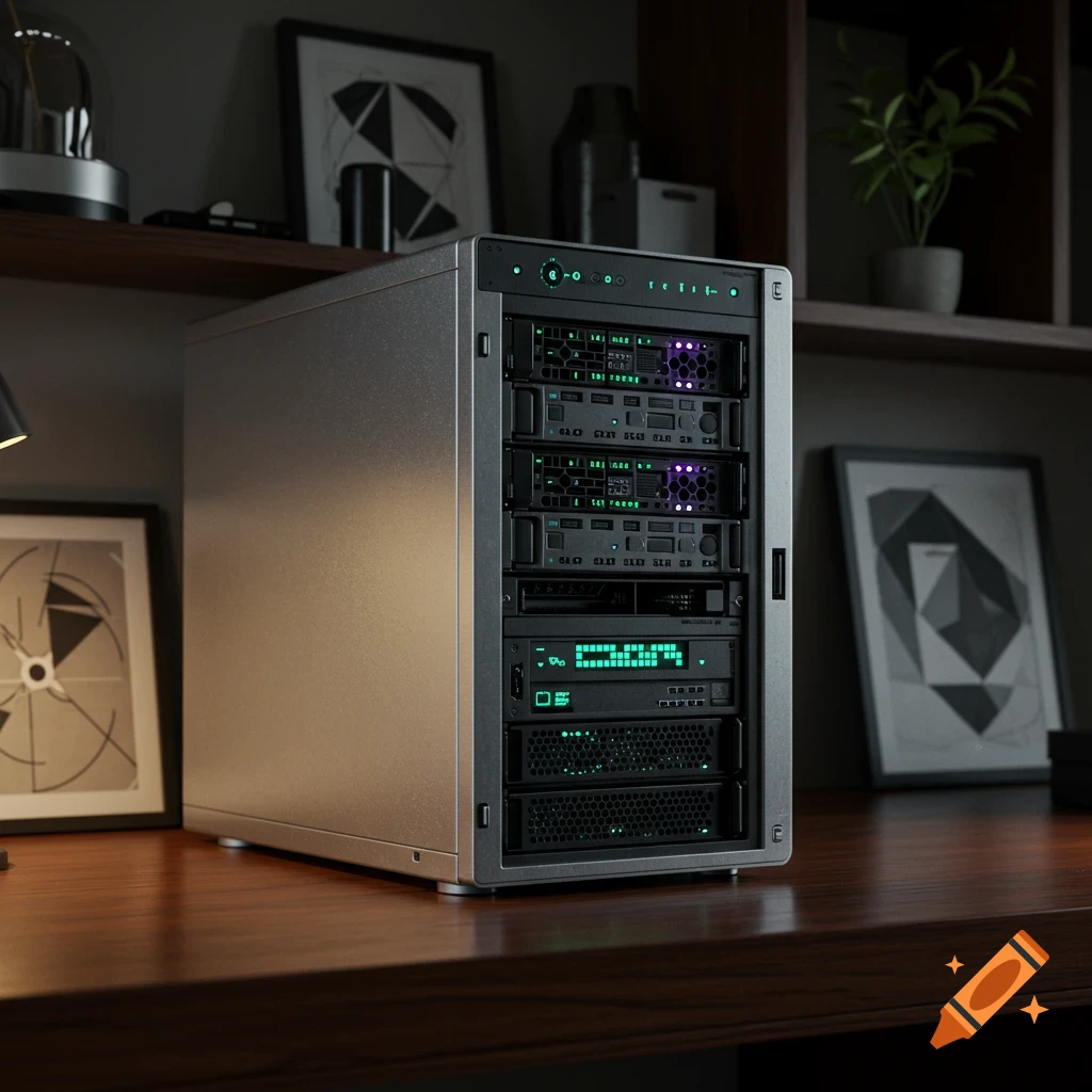 A sleek silver and black server rack unit with glowing green and purple lights on a dark wooden desk in a dimly lit room.