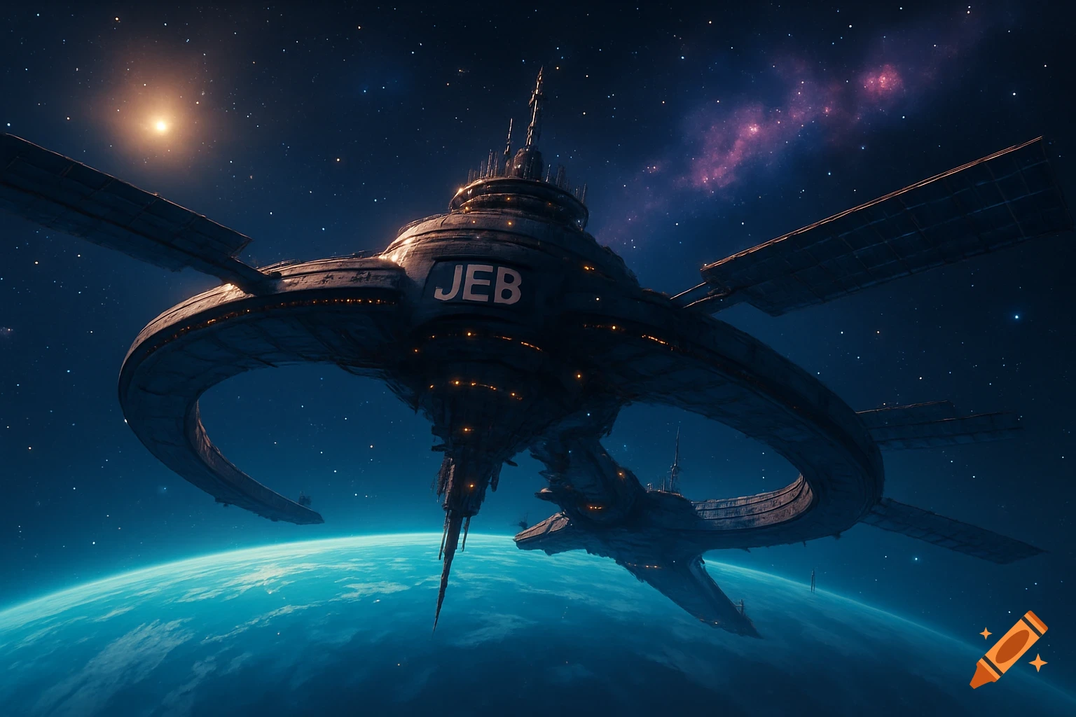 A large, futuristic space station with 'JEB' written on its side orbits a blue planet, set against a star-filled sky and a distant nebula.