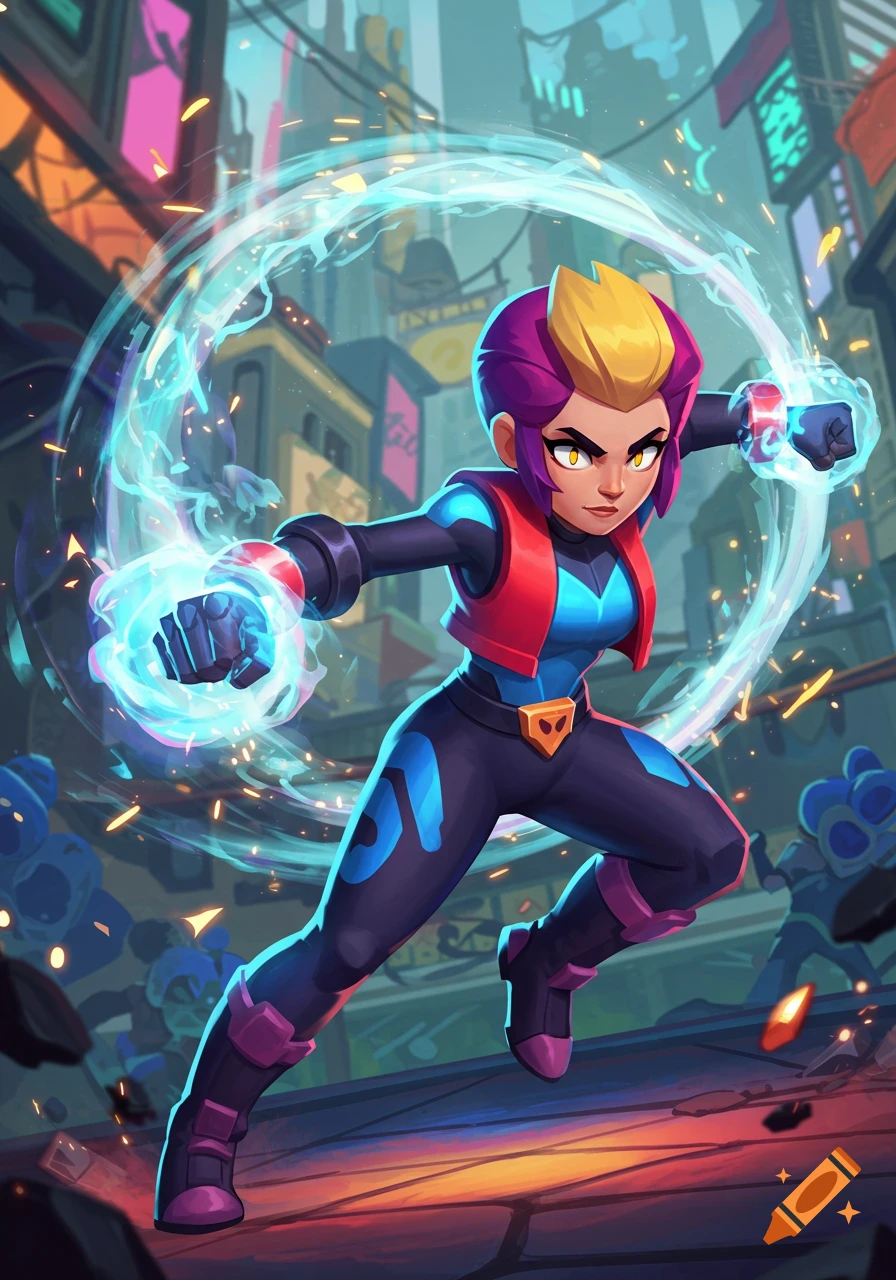 A stylized superheroine with purple and yellow hair, dressed in a blue and black suit with a red vest, charges forward, conjuring glowing blue energy around her fists in an urban setting.