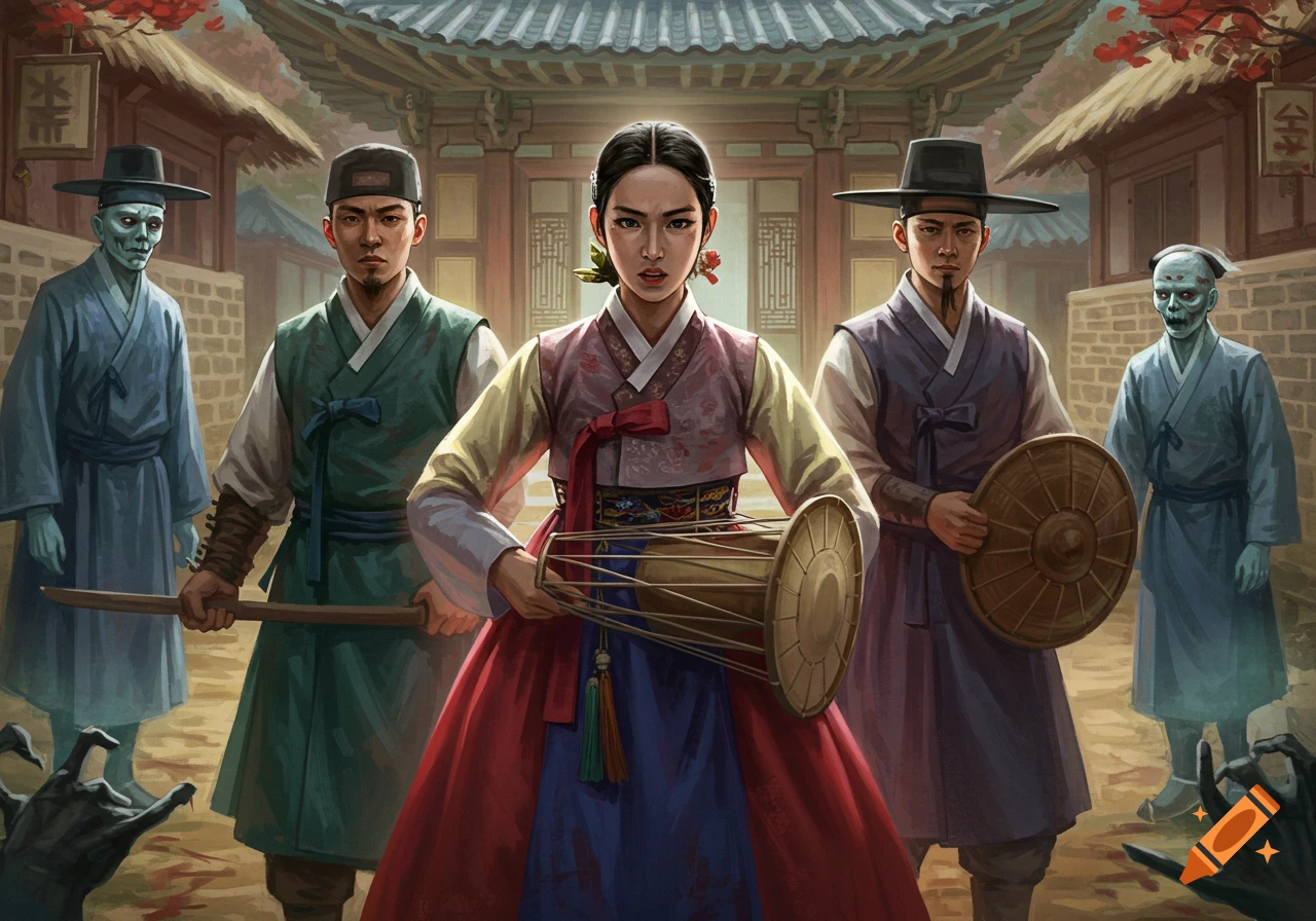 A stoic Korean woman in a hanbok holds a janggu drum, flanked by two men holding traditional weapons, and two ghostly figures in a Joseon Dynasty village setting.