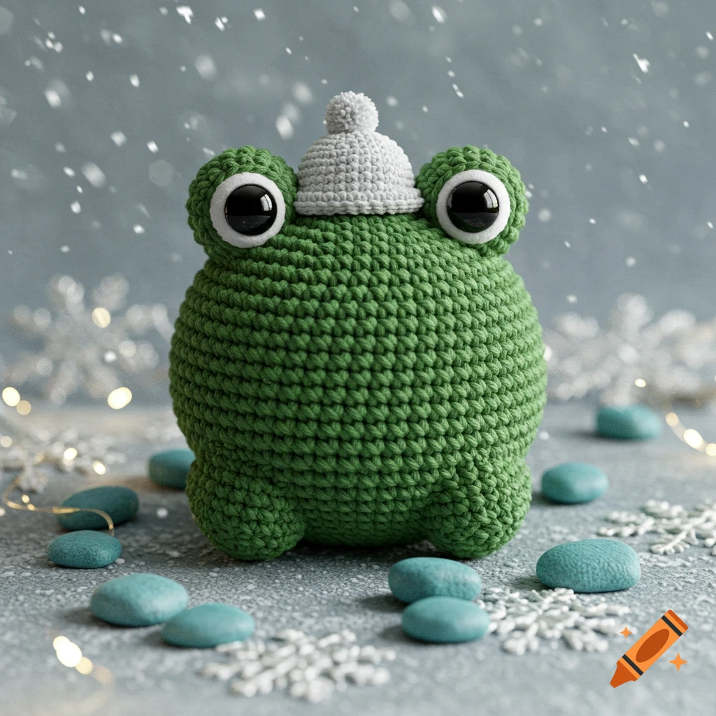 A round green crochet frog wearing a grey winter hat, surrounded by snowflakes and light blue pebbles, with falling snow in the background.