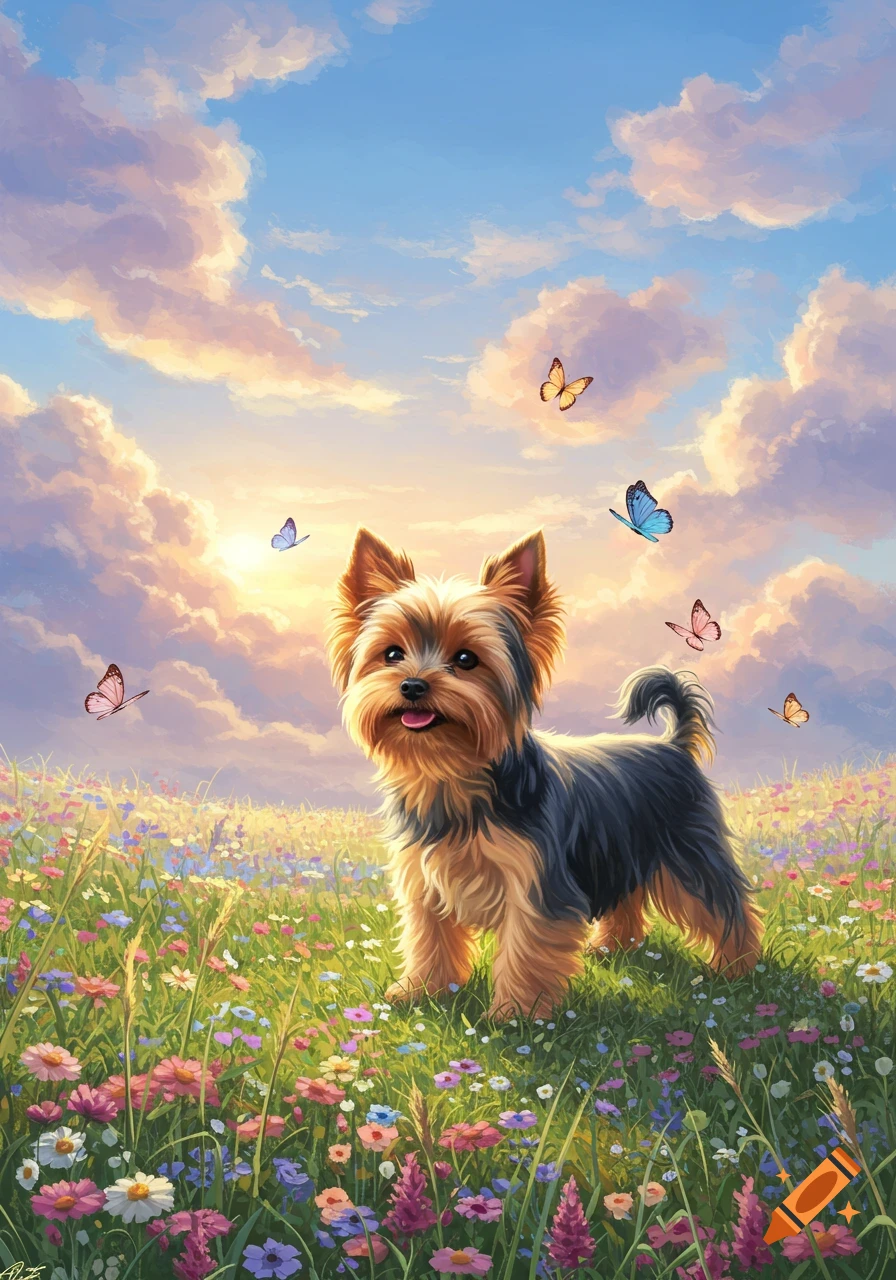 A cute Yorkshire Terrier stands in a field of colorful wildflowers with butterflies, under a vibrant sunset sky in a painting style.