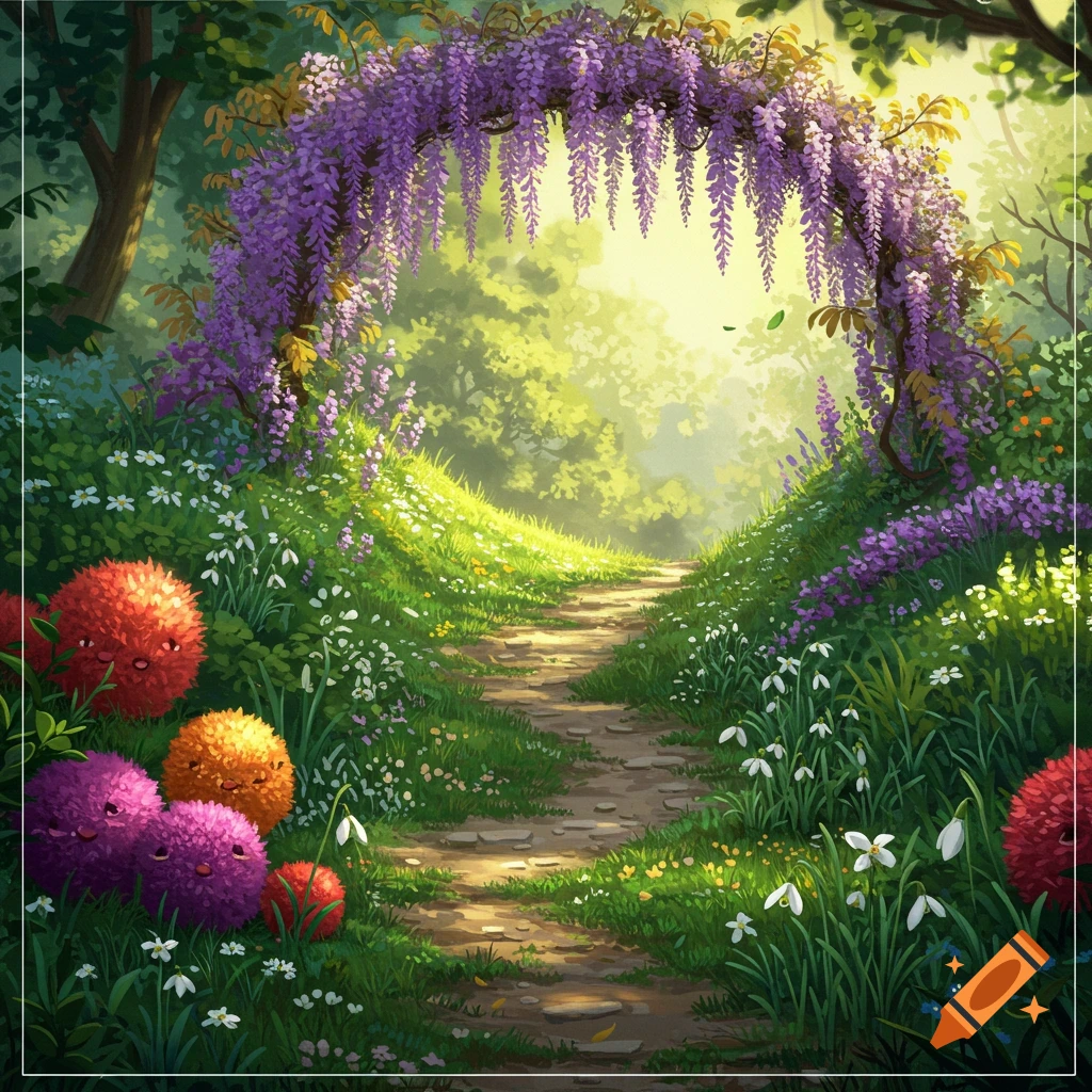 A fantasy garden path with a wisteria arch, lush greenery, white flowers, and colorful fuzzy creatures under soft light.
