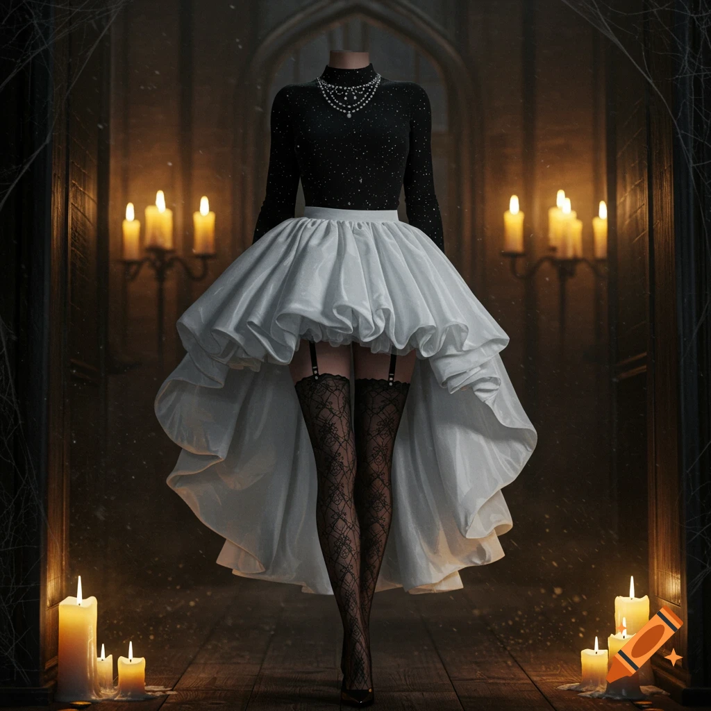 Headless figure in a black top, white ruffled skirt, and patterned stockings in a candlelit gothic hallway.