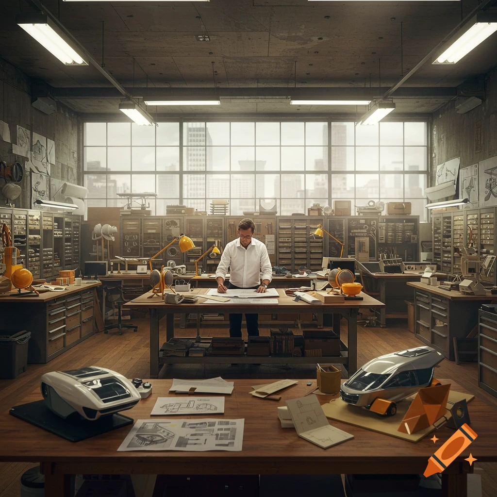A man works as an industrial designer at a large drafting table in a well-equipped workshop, with city buildings visible through windows. Photorealistic.