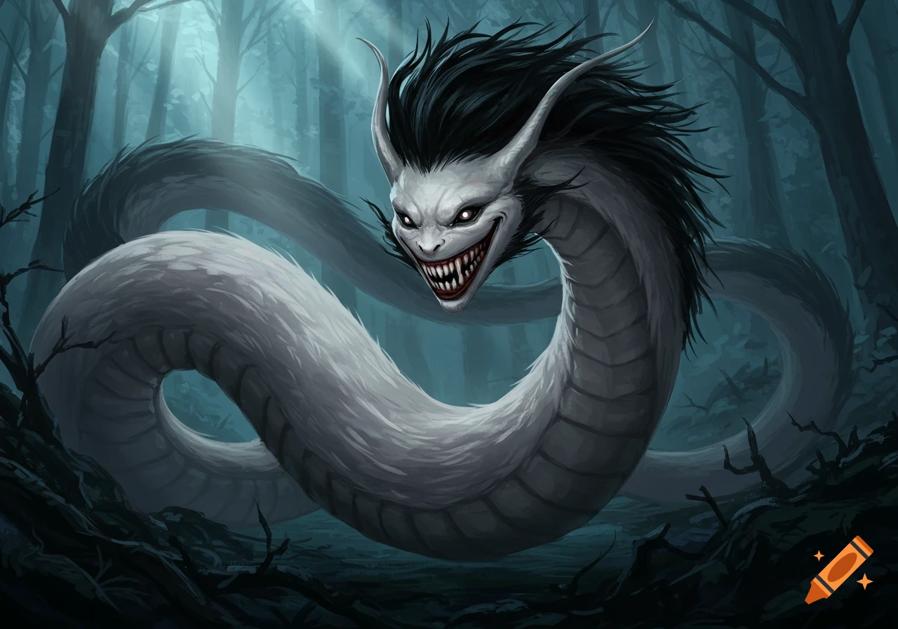 A white, serpentine monster with black shaggy hair, glowing eyes, and a wide, toothy grin emerges from a dark, misty forest.