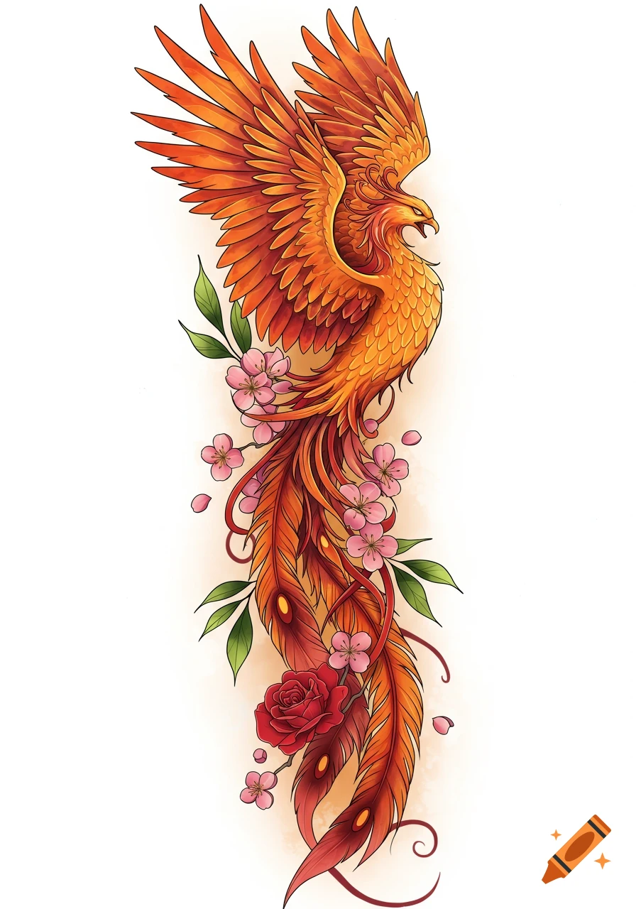 A vibrant orange and red phoenix with outstretched wings, surrounded by pink cherry blossoms, green leaves, and a red rose, in a stylized tattoo design.