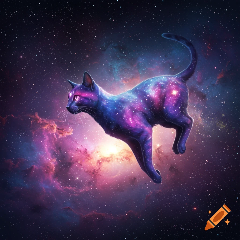 A majestic cat with a body of swirling stars and nebulae floats gracefully through the vibrant, dark expanse of deep space.