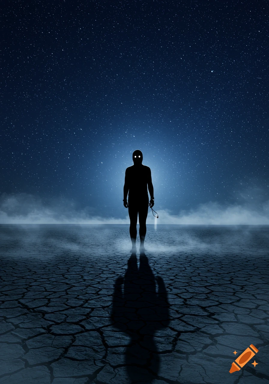 A silhouetted figure with glowing eyes stands on cracked earth under a starry night sky, with fog and a faint light behind.