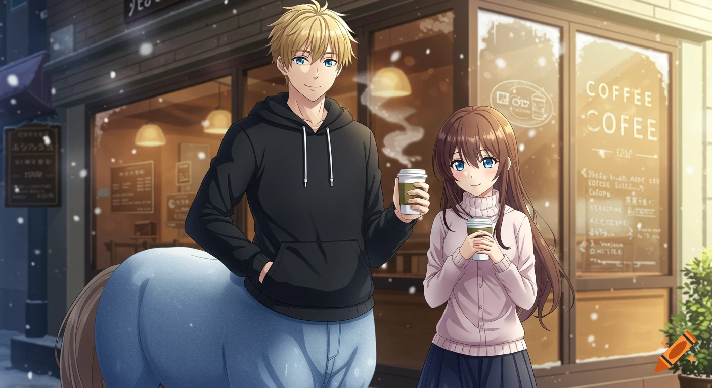 A blue-eyed blond centaur man and a brunette woman holding coffee cups in front of a snowy coffee shop, anime style.