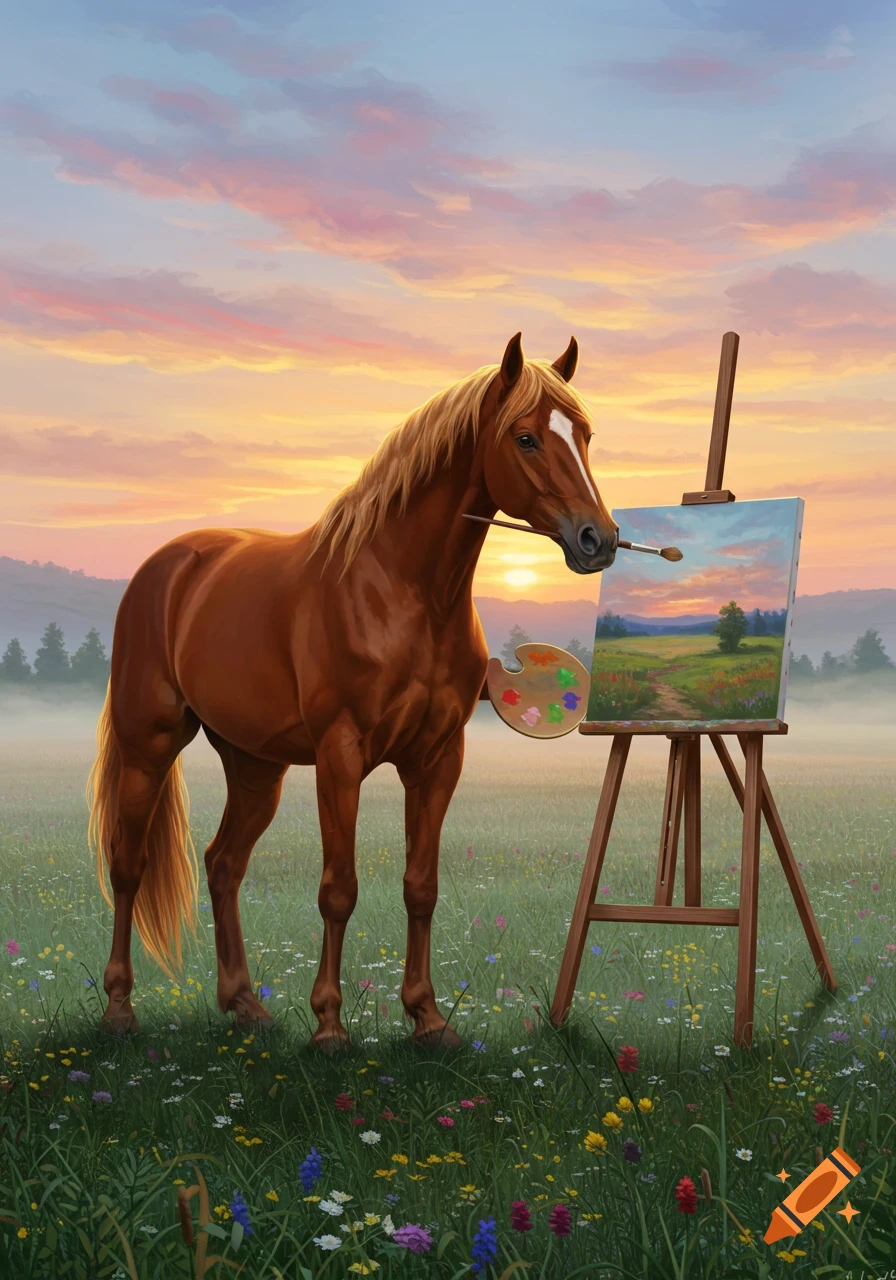 A brown horse paints a landscape on an easel in a field of wildflowers, holding a brush and palette under a sunset sky. Illustration.