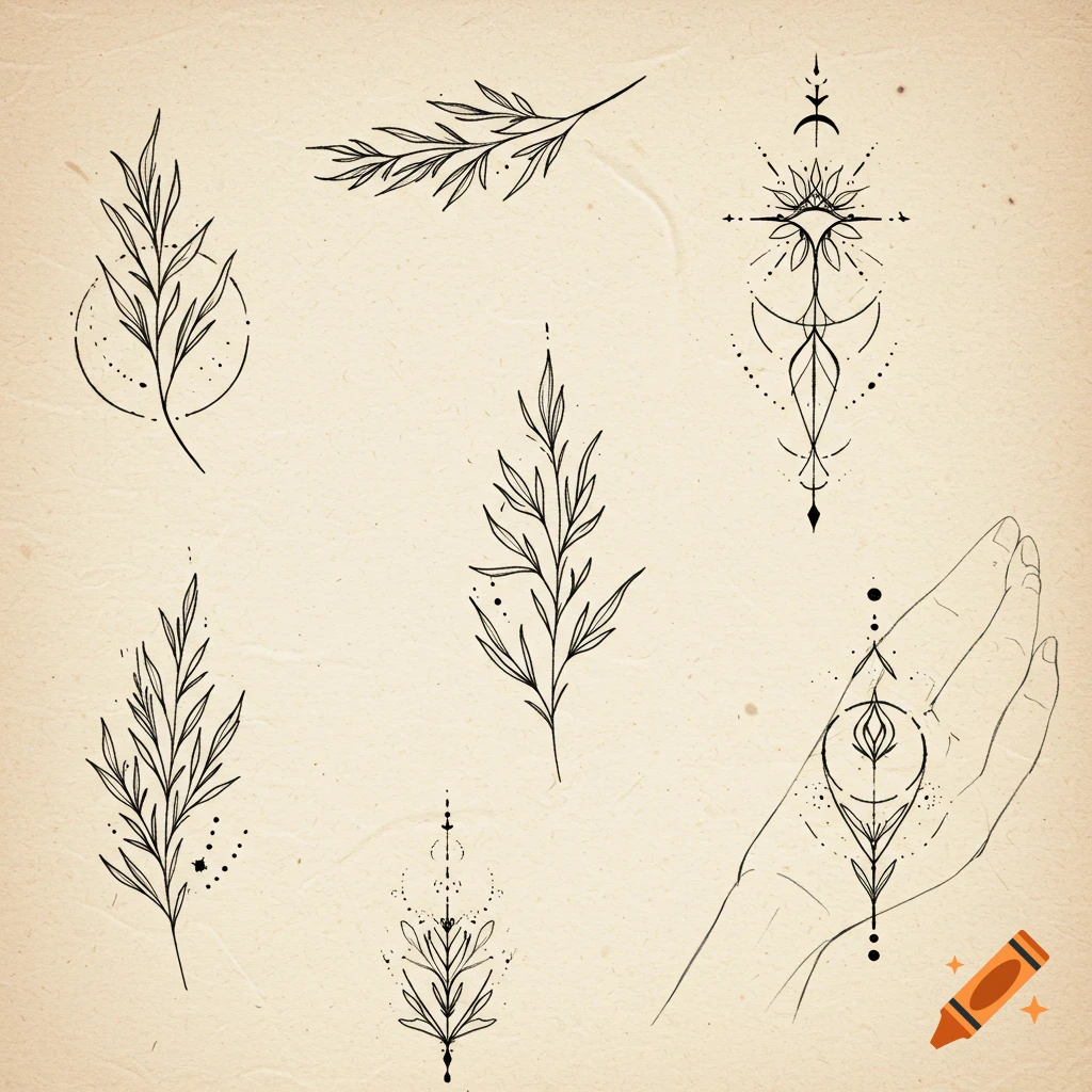 Multiple simple botanical and geometric line art tattoo designs drawn on textured paper, including a hand sketch.