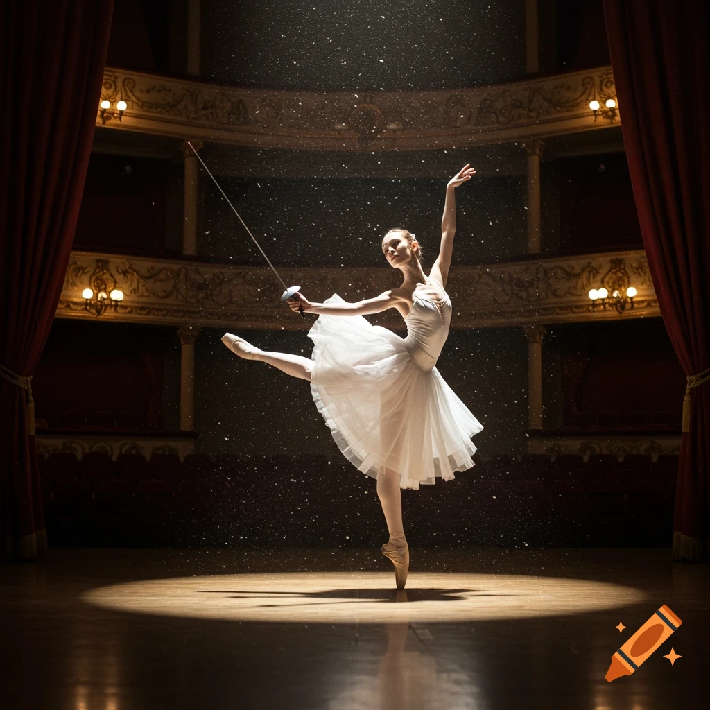 A ballet dancer in a white tutu holds a fencing foil on a spotlighted stage with red curtains in a theater.