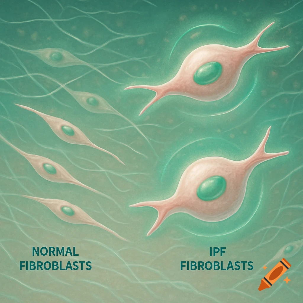 Scientific illustration of elongated normal fibroblasts and thicker, branched IPF fibroblasts on a teal background.