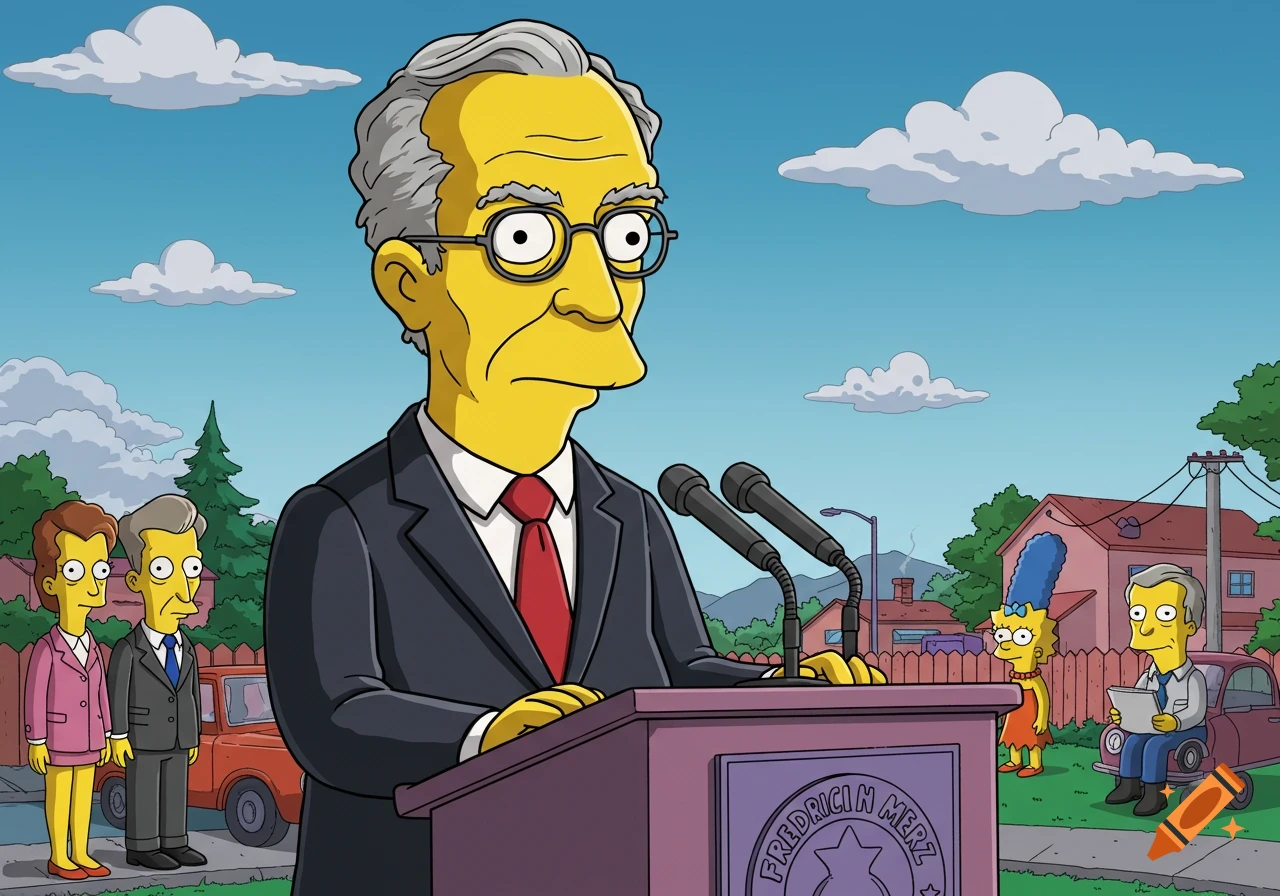 Friedrich Merz depicted in The Simpsons cartoon style, speaking at a podium outdoors, with other characters and houses in the background.