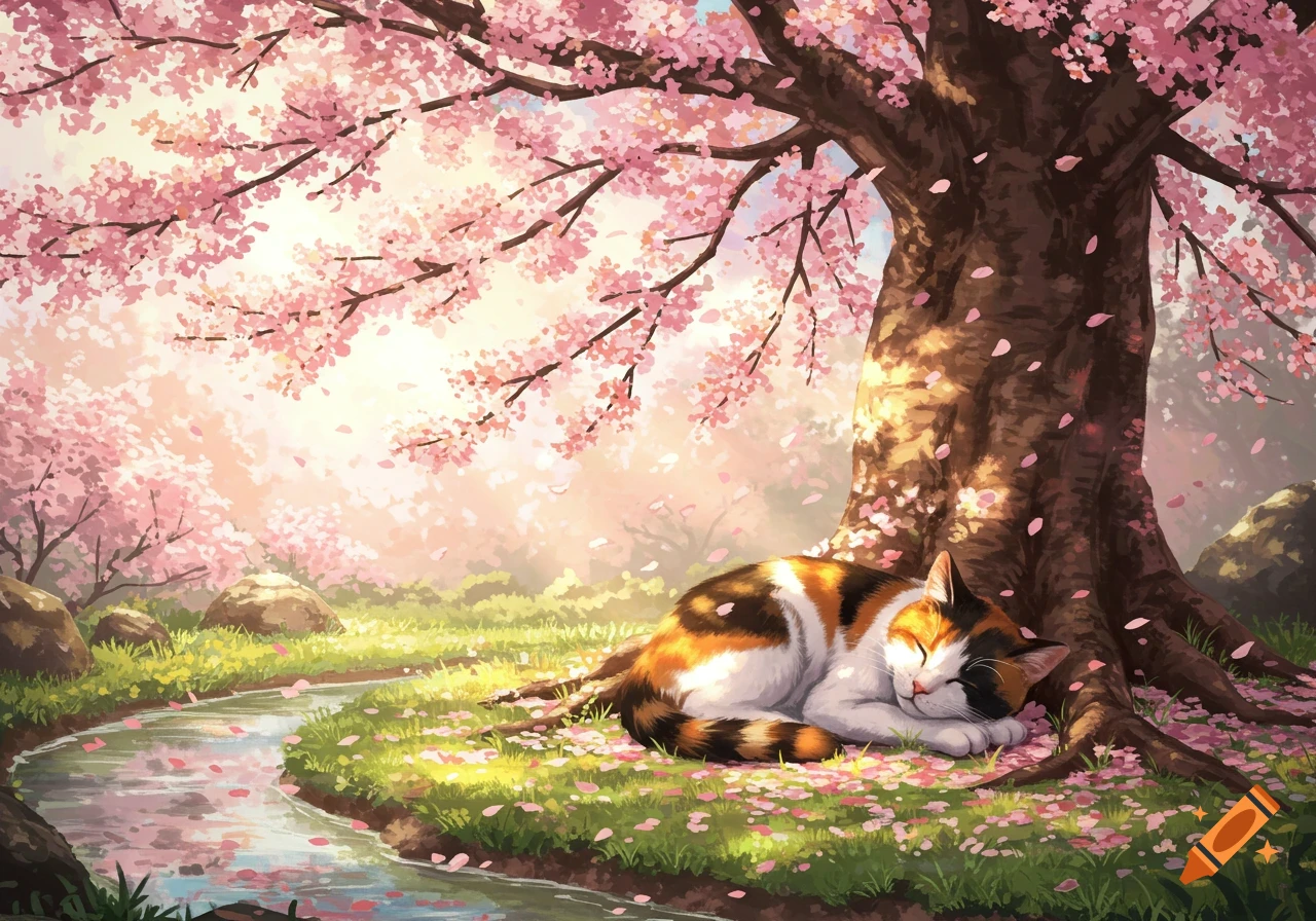 A calico cat sleeps peacefully under a blossoming cherry tree beside a winding stream, in an illustrative style.