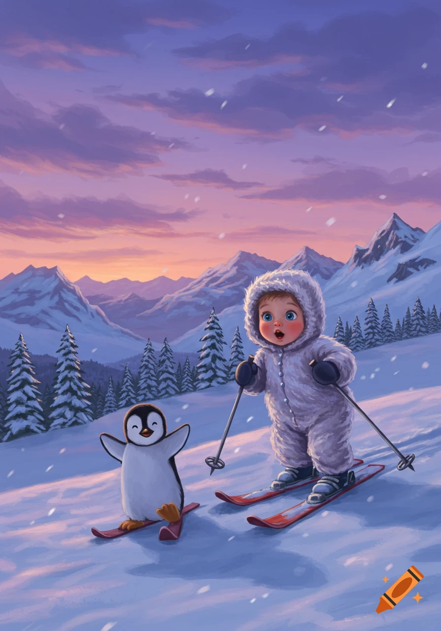 A cute baby in a fur snowsuit and a happy penguin are skiing down a snowy mountain at sunset in an illustration.