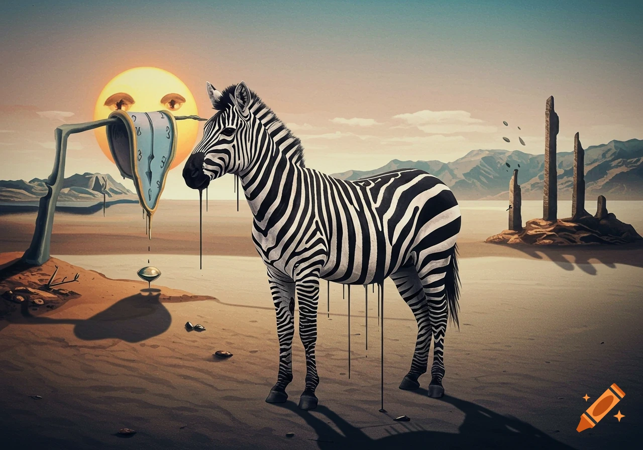 A surreal desert scene with a melting clock hanging from a branch by a sun with eyes, and a zebra with melting stripes, in Salvador Dali's style.