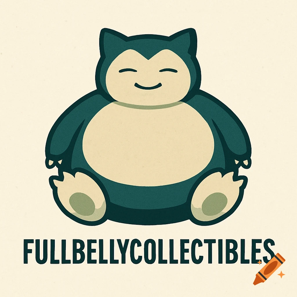 Cartoon logo of a Snorlax-like character with closed eyes and a happy smile, sitting on a light background with 'FULLBELLYCOLLECTIBLES' text.