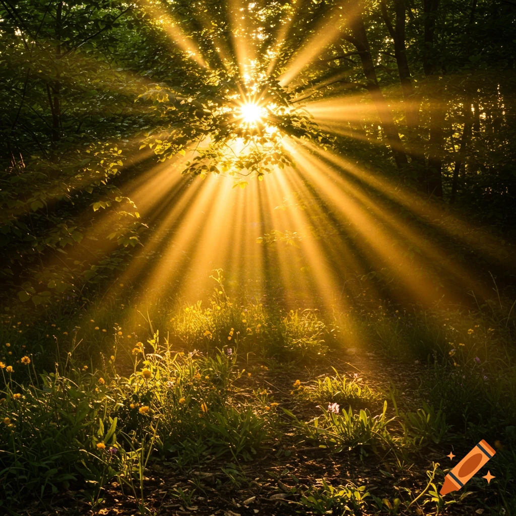 Golden sunlight streams through dense green trees, illuminating a forest floor with patches of wildflowers and rich foliage.