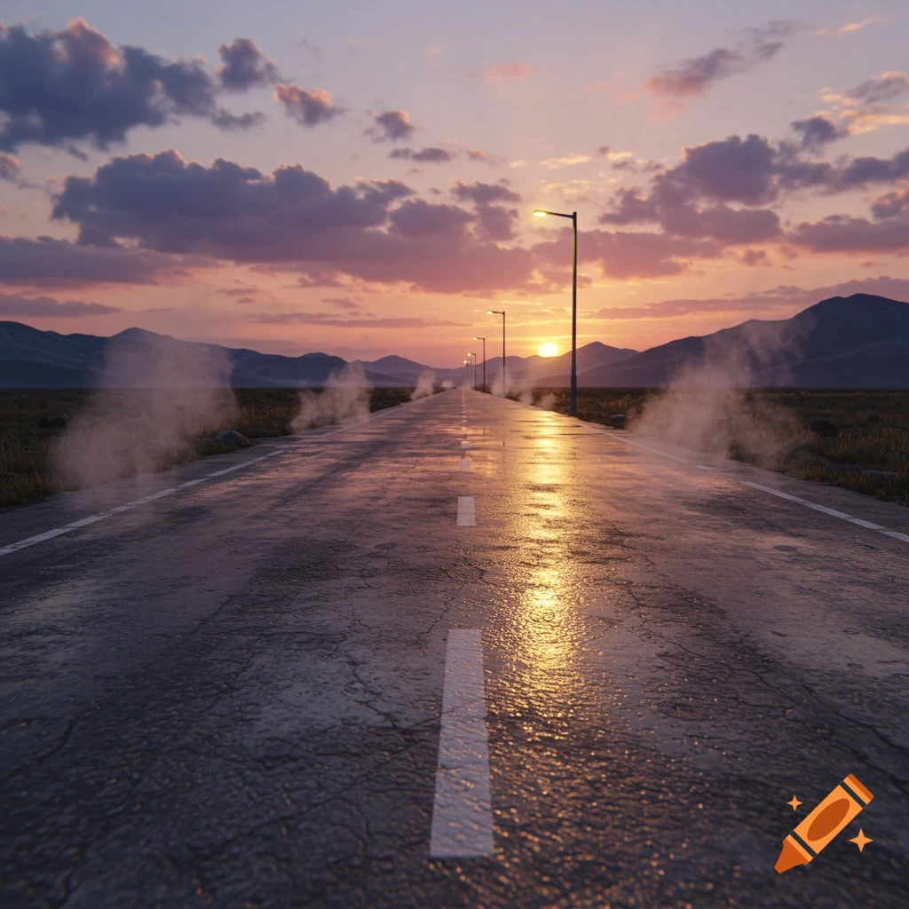 A wet asphalt road at sunset, reflecting the vibrant sky, with streetlights and mountains in the distance.