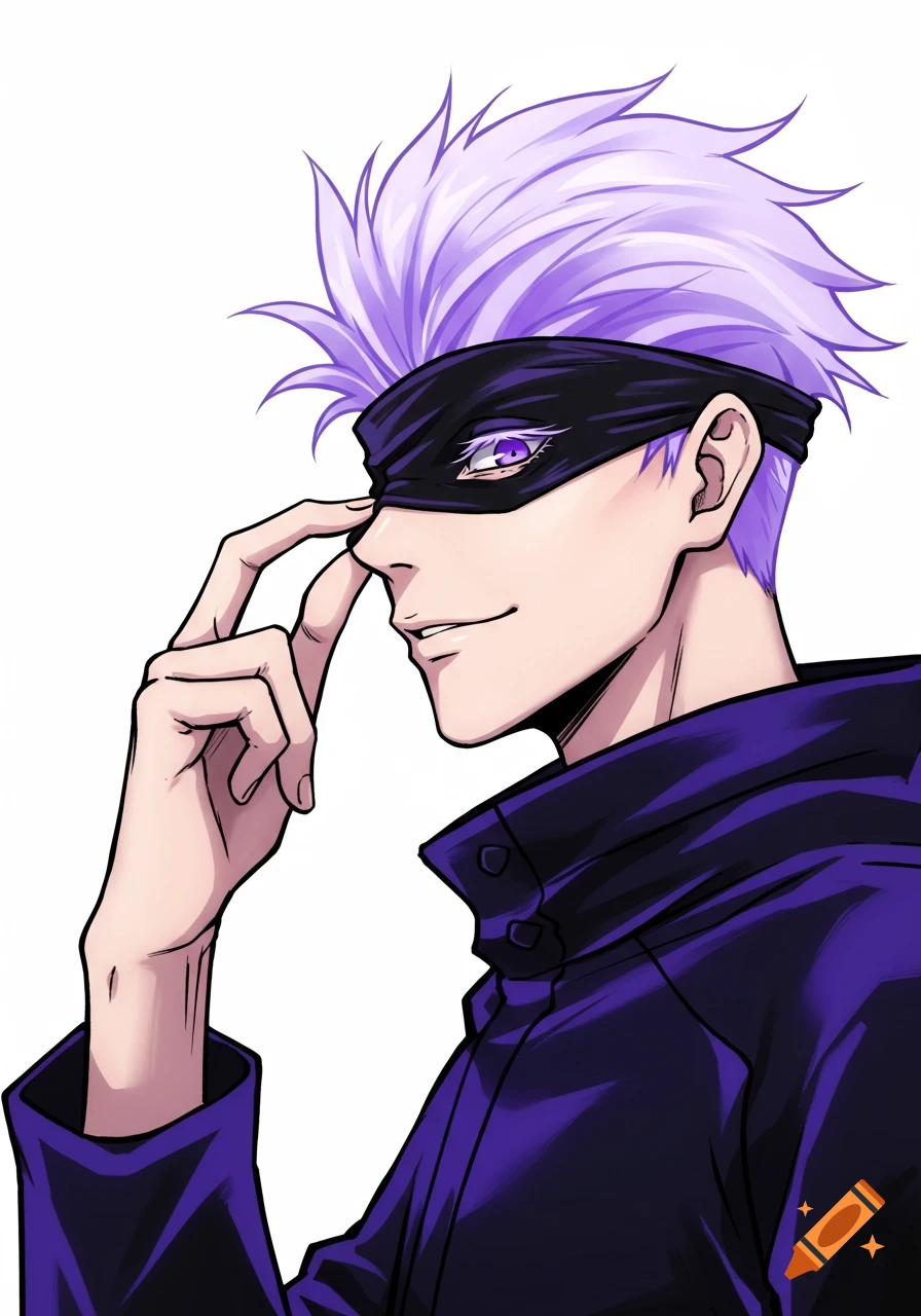 Anime illustration of Satoru Gojo with spiky purple hair, adjusting his black blindfold with a smirk, wearing a dark blue outfit.