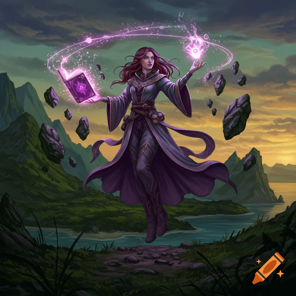 A female mage with flowing purple hair floats above a green island, holding an open spellbook with glowing symbols and casting purple magic, with several dark rocks floating around her against a cloudy, sunset sky.