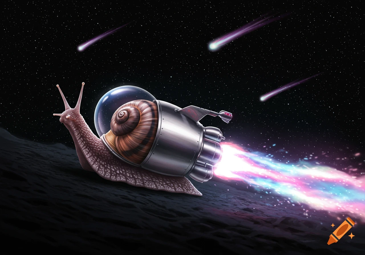 A snail with a rocket engine shell races across a dark planetary landscape under a starry sky with streaking meteors, exhaust glowing pink and blue.