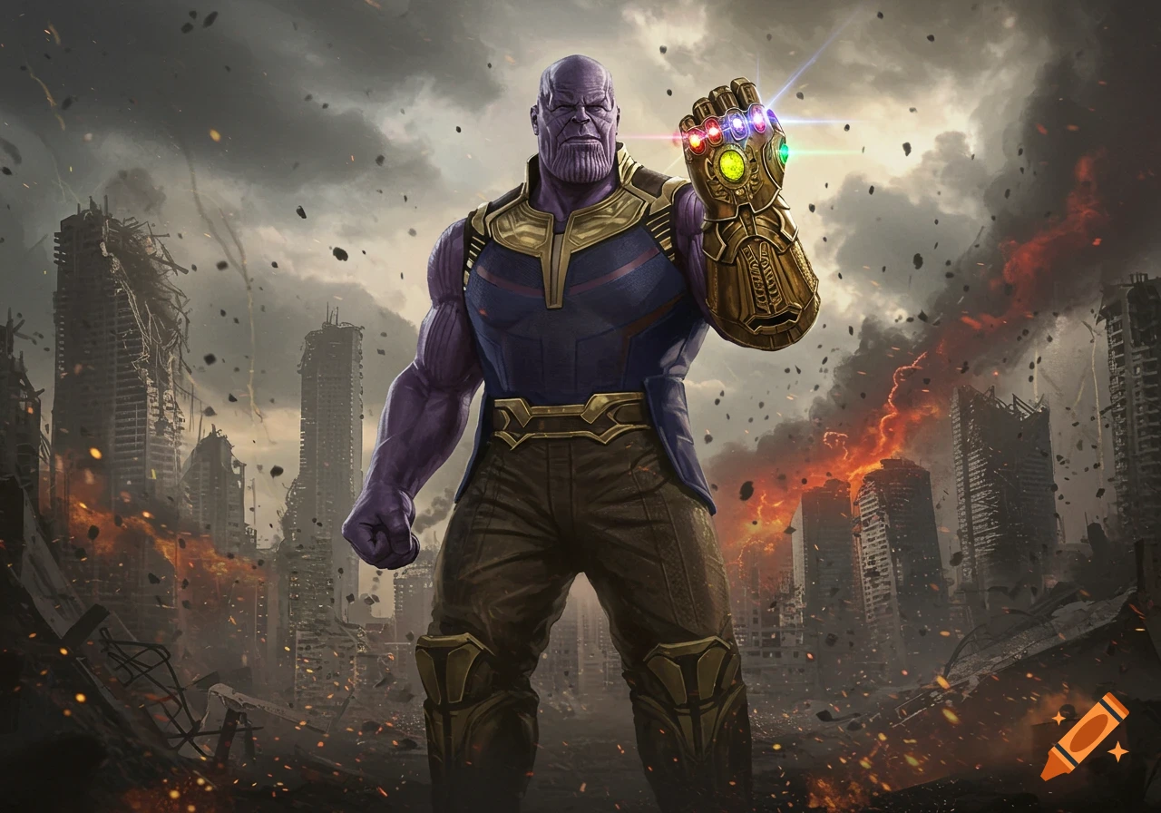 Thanos in a purple and gold suit with the glowing Infinity Gauntlet stands in a ruined city under a stormy, fiery sky, digital art.