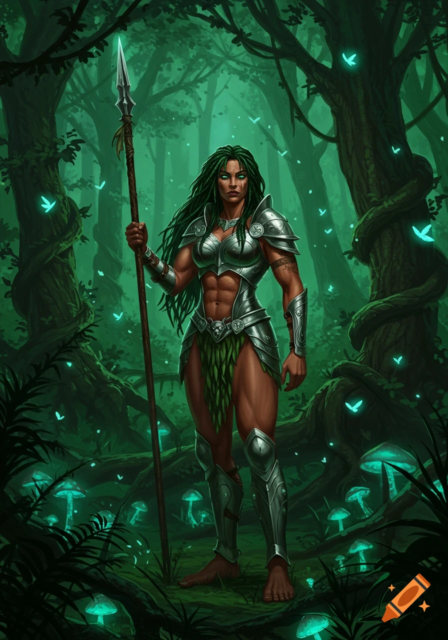 Muscular fantasy Amazon warrior in silver armor and leaf skirt, holding a spear in a glowing green forest. Illustration.