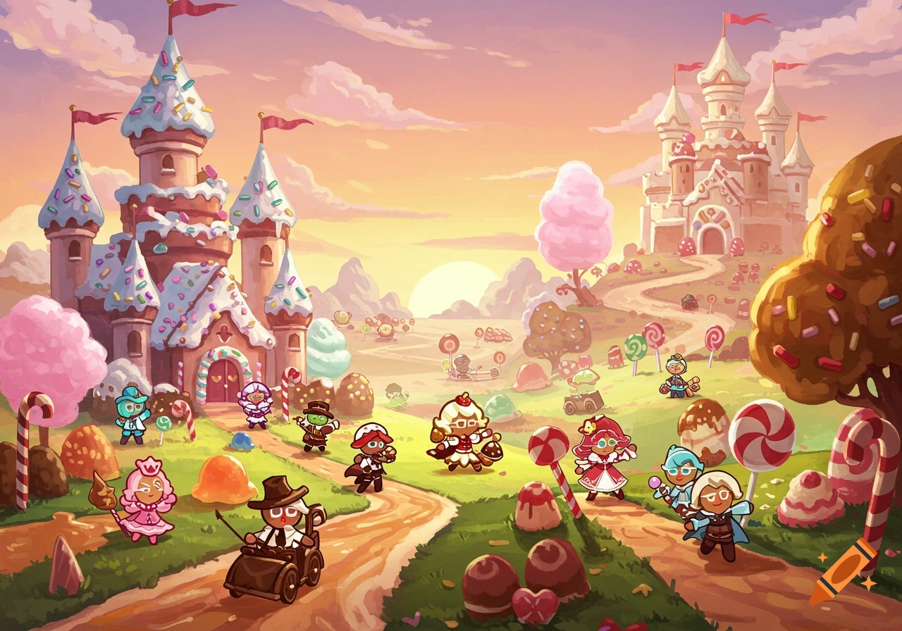 Whimsical illustration of a candy kingdom at sunset with cookie characters, castles, and lollipop trees.