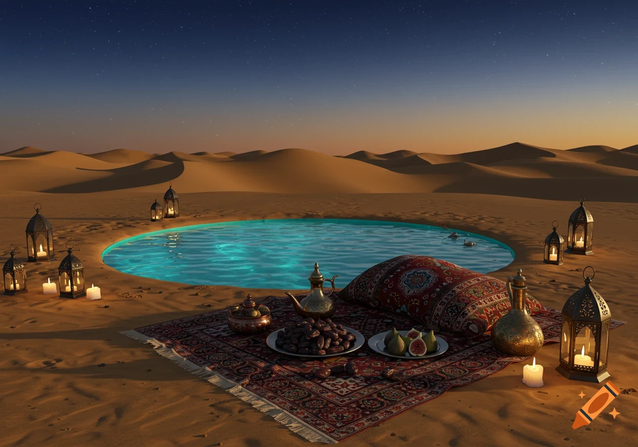 Photorealistic image of a desert oasis picnic at dusk with a pool of water, lanterns, and a rug with a teapot, dates, and figs.