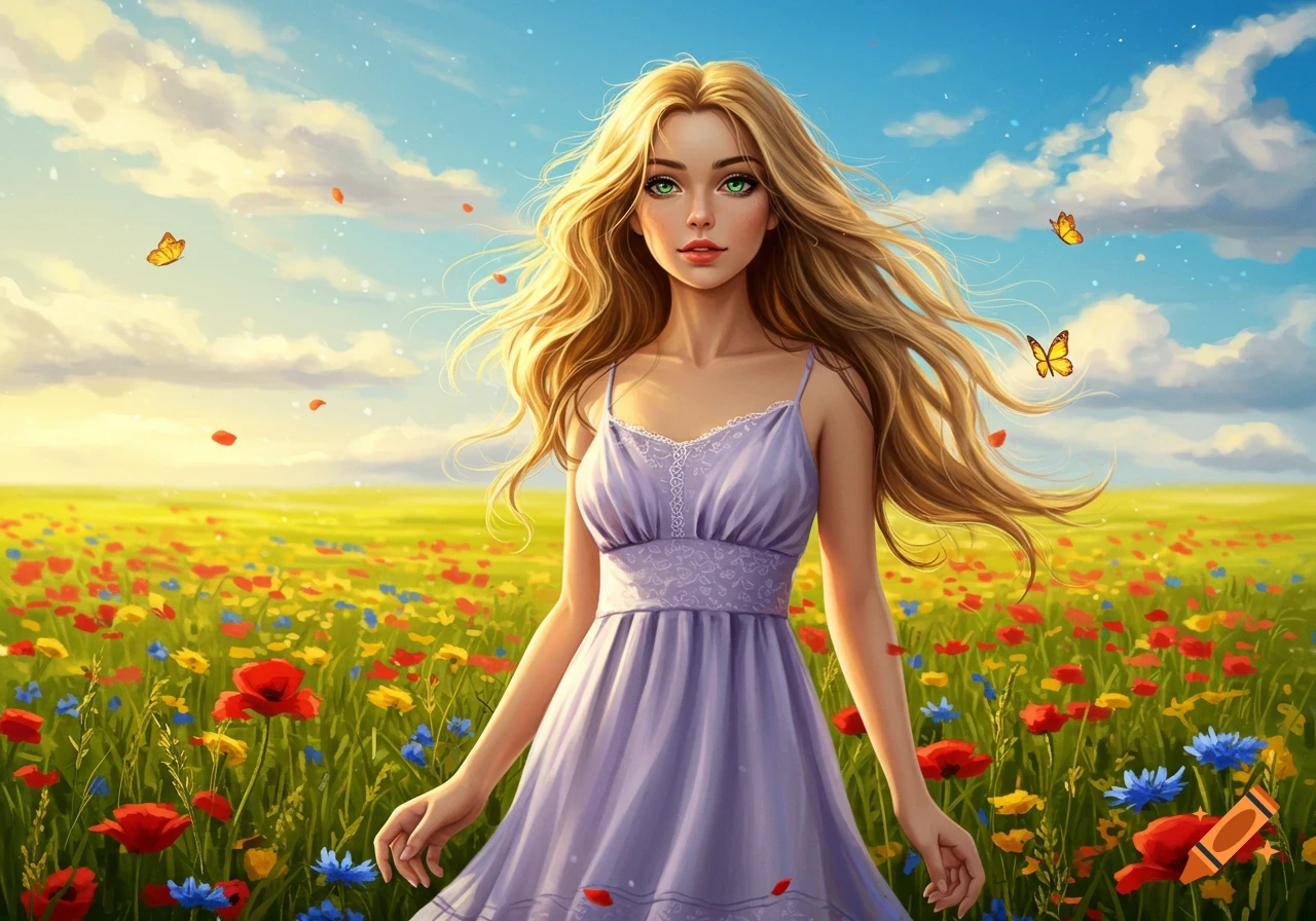 Digital art of a young woman with long blonde hair in a lavender dress, standing in a field of colorful flowers under a sunny sky with butterflies.