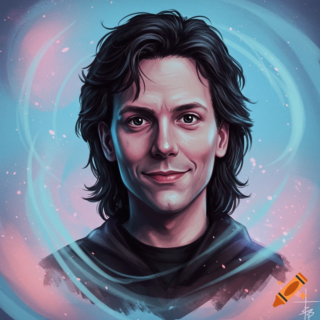 Stylized digital art portrait of a smiling man with dark wavy hair against a pastel pink and blue swirling background.