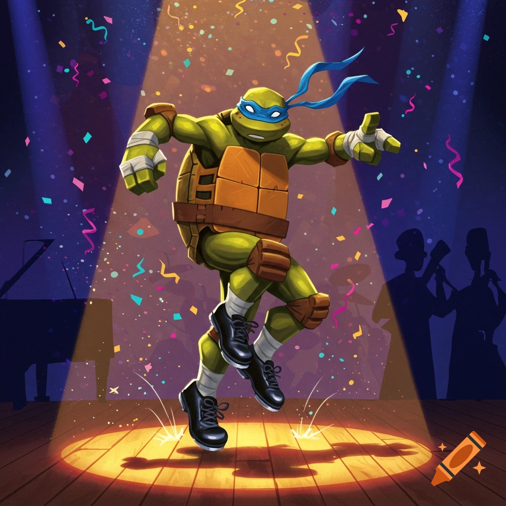 Leonardo from TMNT 2012 tap dances on a spotlight-lit stage with confetti falling.
