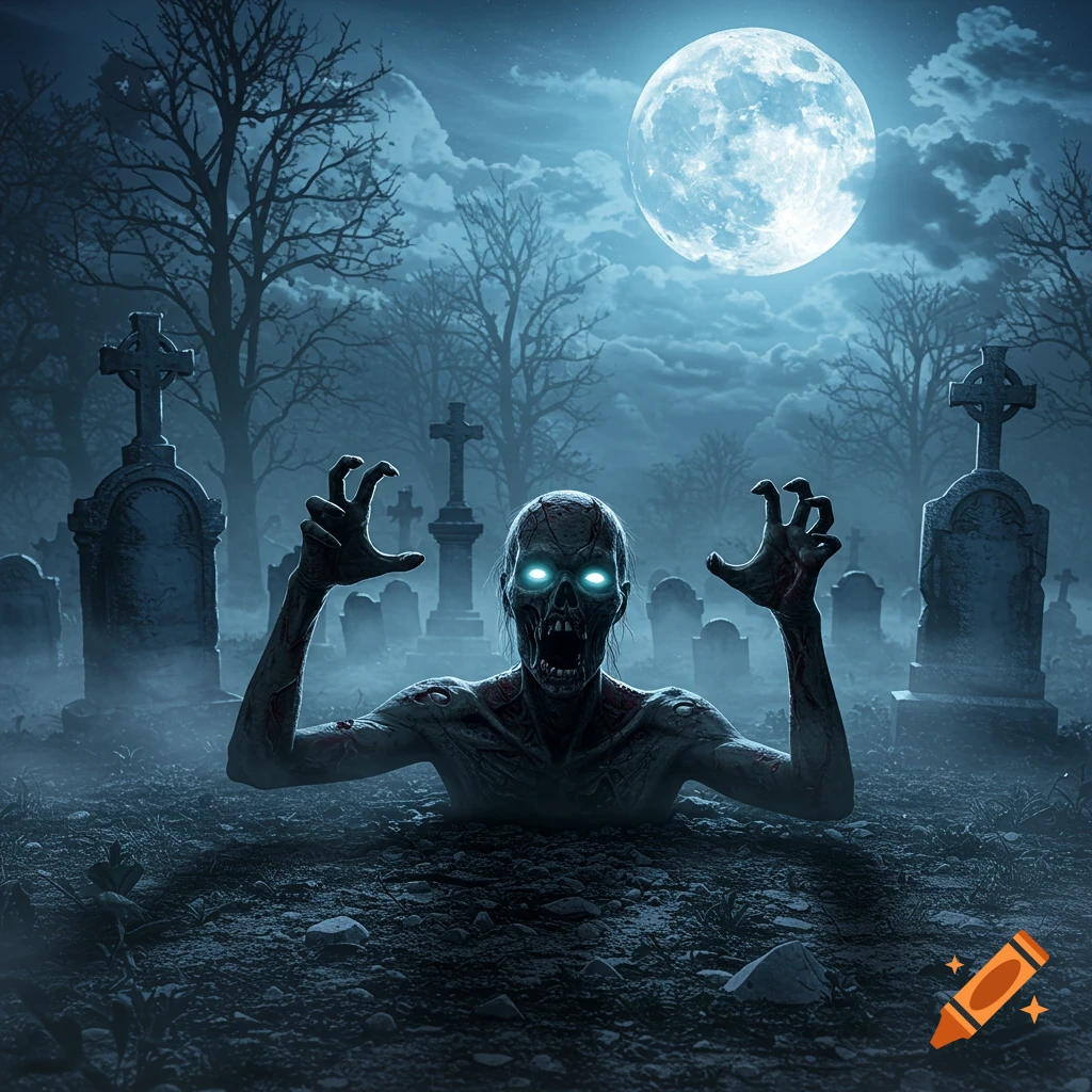 A zombie with glowing eyes emerging from a grave in a foggy graveyard under a bright full moon.