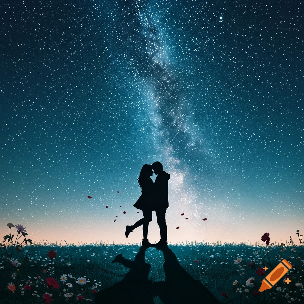Silhouette of a couple embracing in a field of flowers under a breathtaking starry night sky.