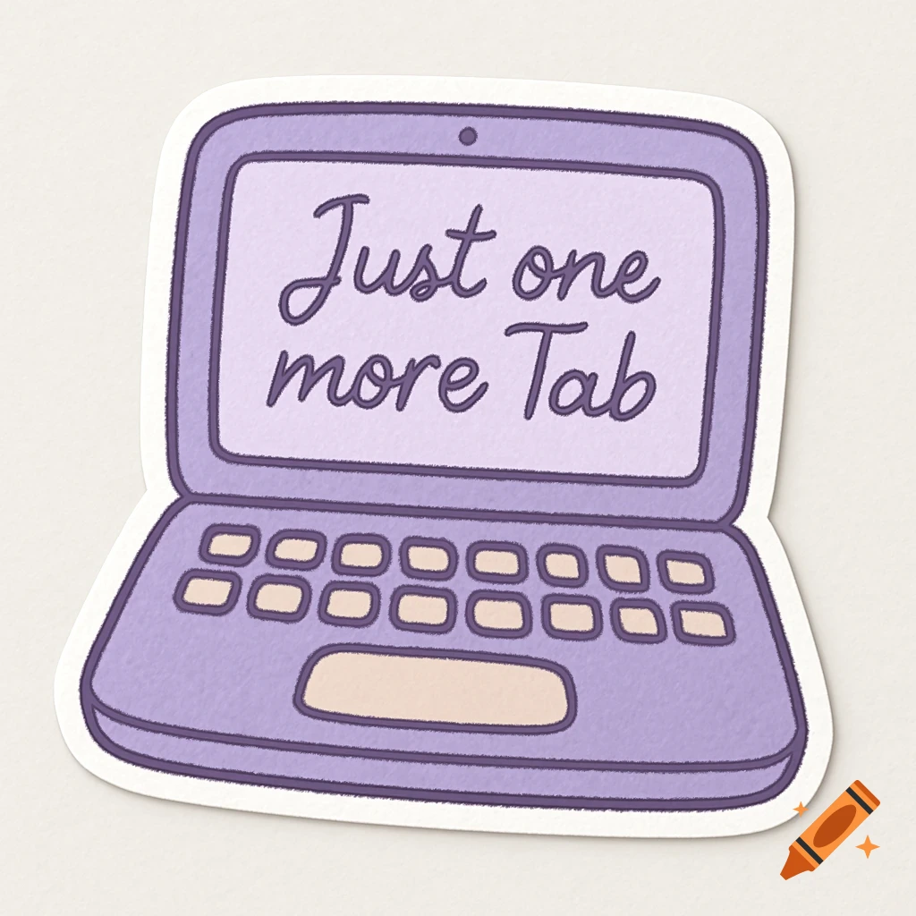 A kawaii style lavender laptop sticker with beige buttons, displaying "Just one more Tab" in cursive on its screen.
