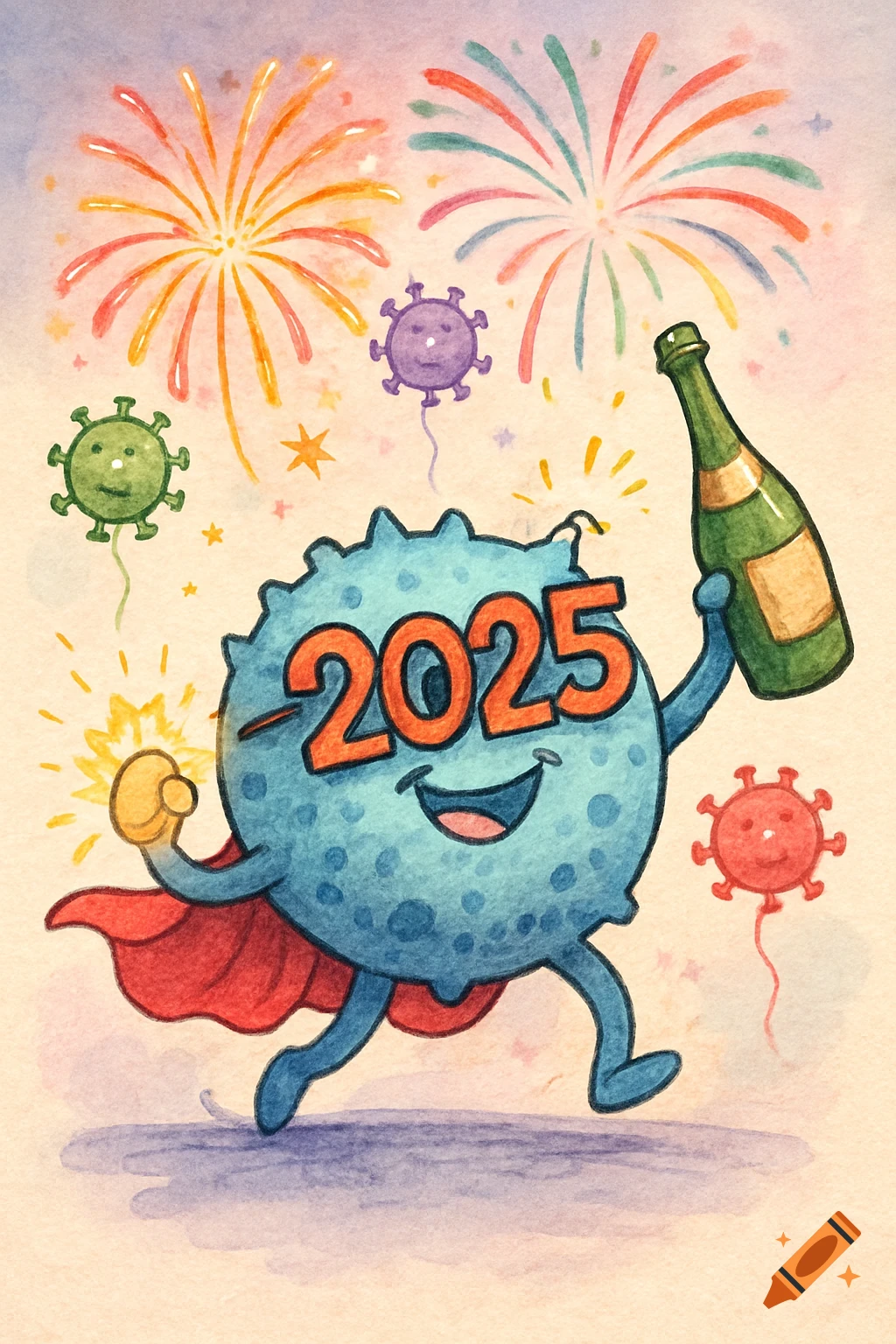 Watercolor cartoon of a blue immune cell superhero wearing '2025' glasses, holding champagne, celebrating New Year with fireworks.