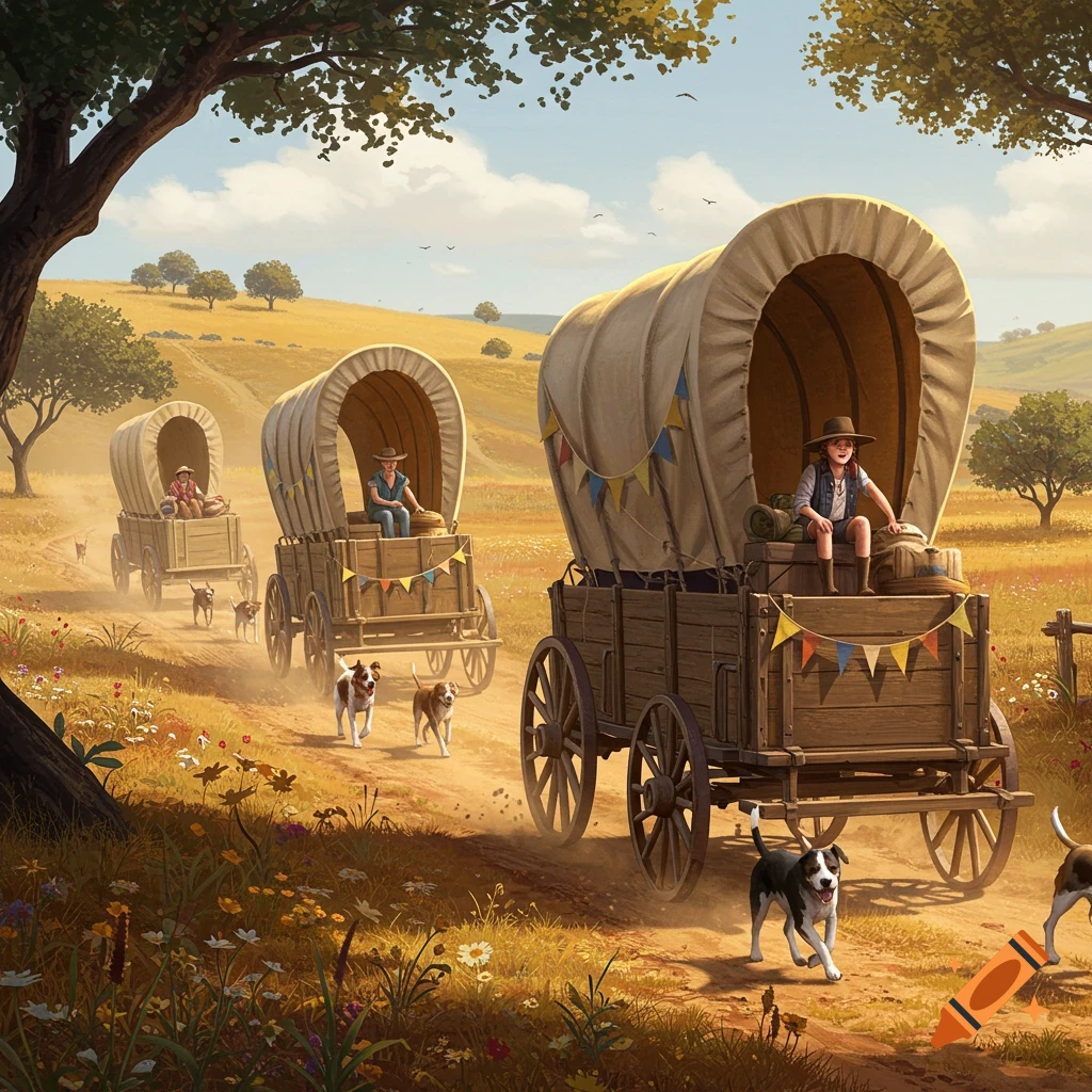 Covered wagons with children and dogs travel along a dirt path through a sunny golden field under a blue sky.