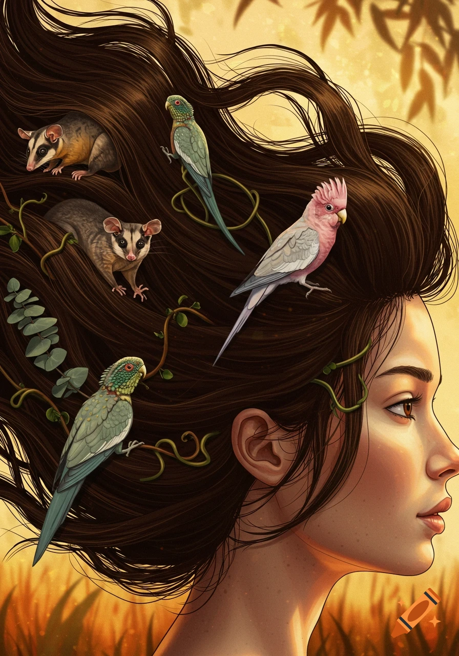 Illustration of a woman's profile with Australian native animals like possums, parrots, and a cockatoo nestled in her flowing brown hair.