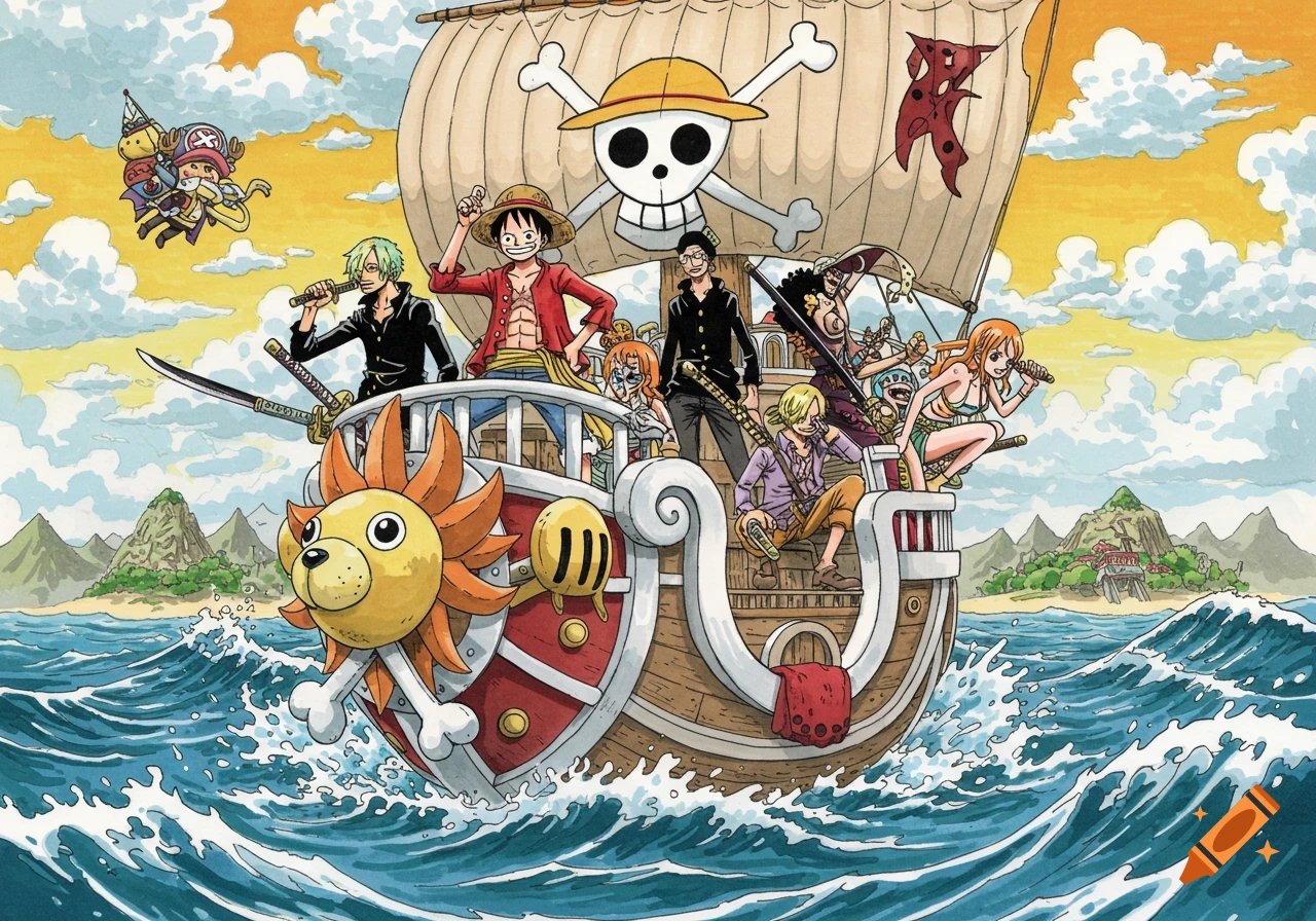 The Straw Hat Pirates crew, including Luffy and friends, sails on the Thousand Sunny ship across a vibrant ocean in anime style.