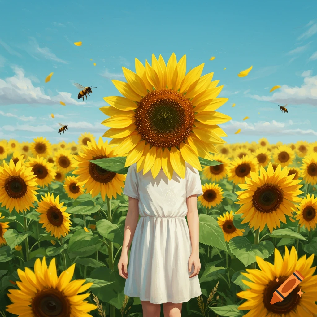 A person with a sunflower head stands in a bright sunflower field under a blue sky, with bees flying.