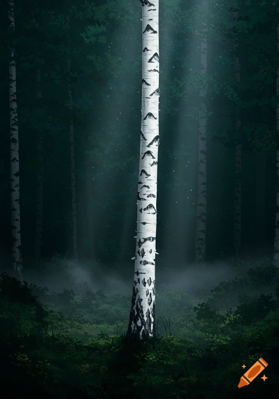 A tall white birch tree with dark markings stands prominently in a dark, misty forest, with light rays filtering through the canopy.