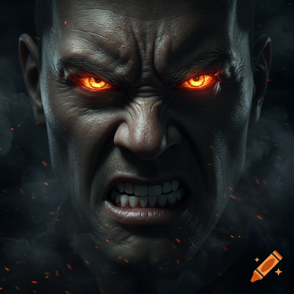 Close-up of a man's angry face with glowing orange eyes and a furrowed brow, surrounded by dark smoke and embers.