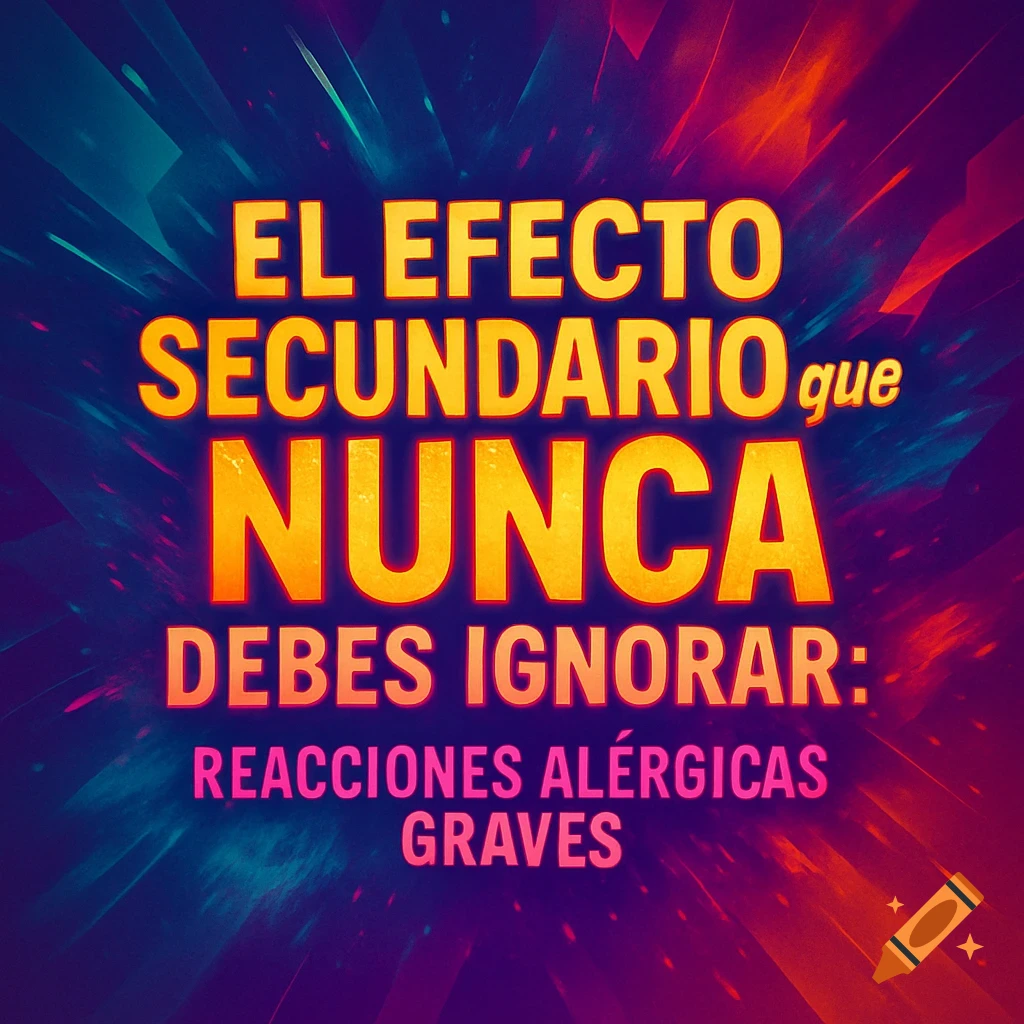 Vibrant graphic with glowing text on a dark background: 'El Efecto Secundario que NUNCA Debes Ignorar: Reacciones alérgicas graves'