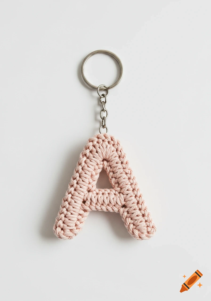 Pink crocheted letter A keychain on a white background.
