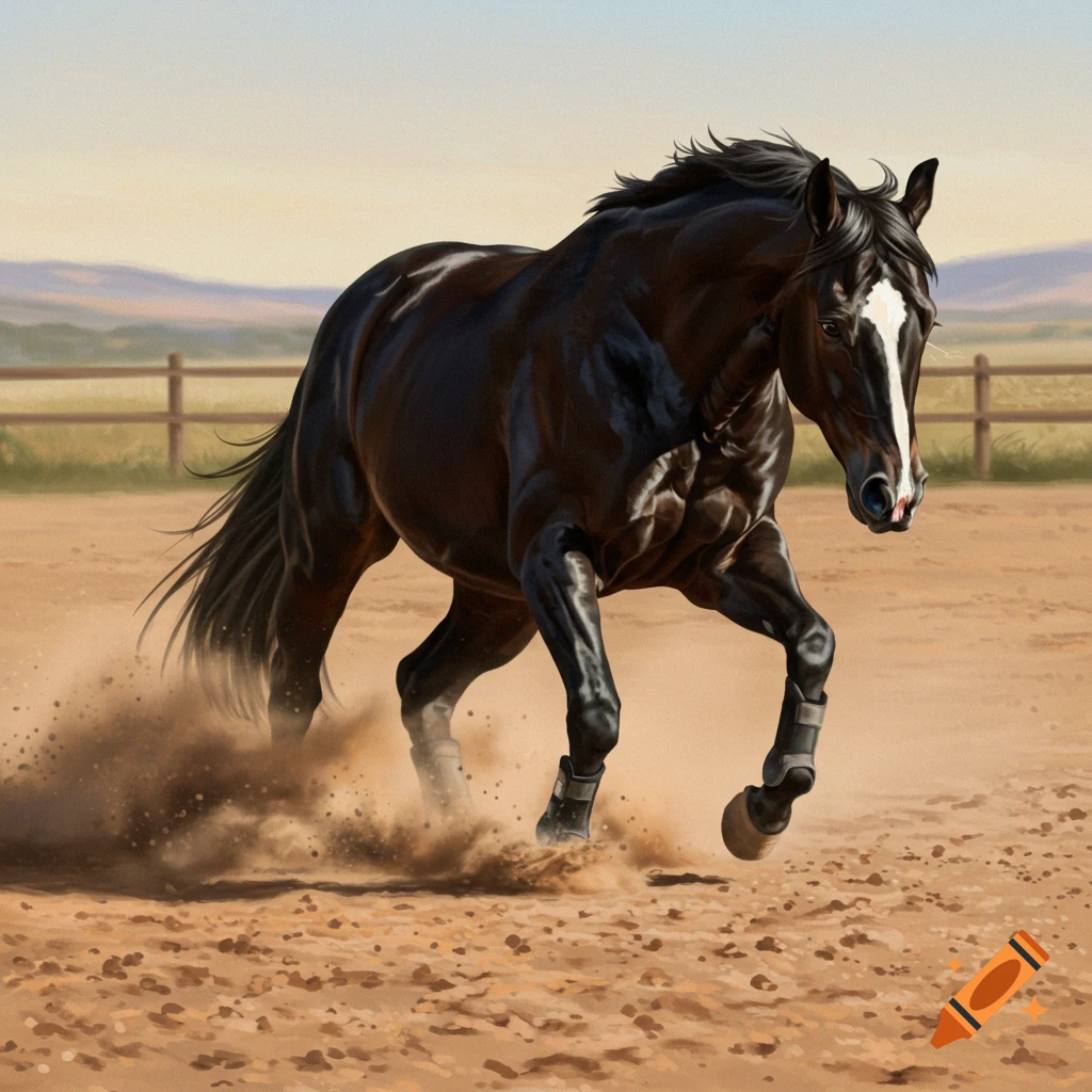 A powerful black quarter horse with a white blaze performs a reining stop, kicking up dust in a sandy arena.