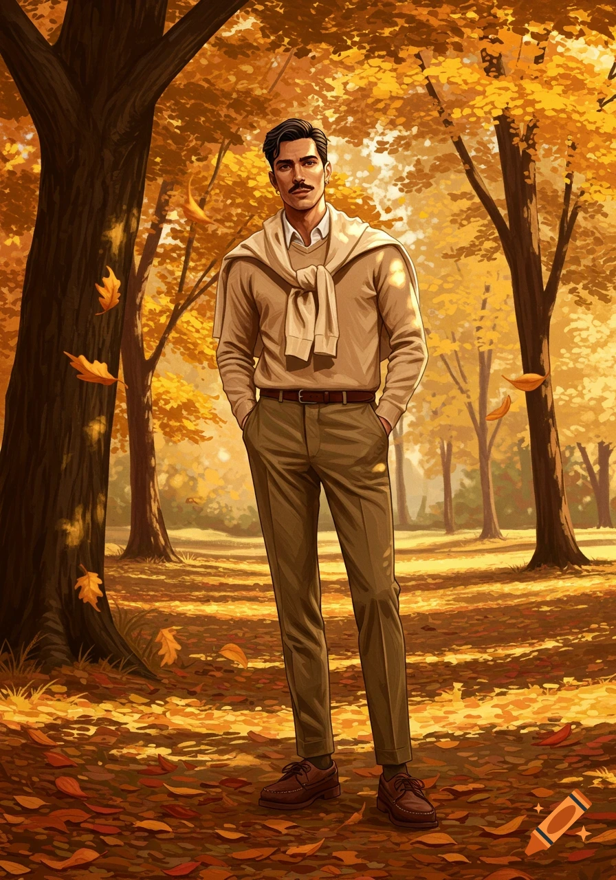 Illustrated man with a mustache in a beige sweater and khaki pants standing in an autumn park.
